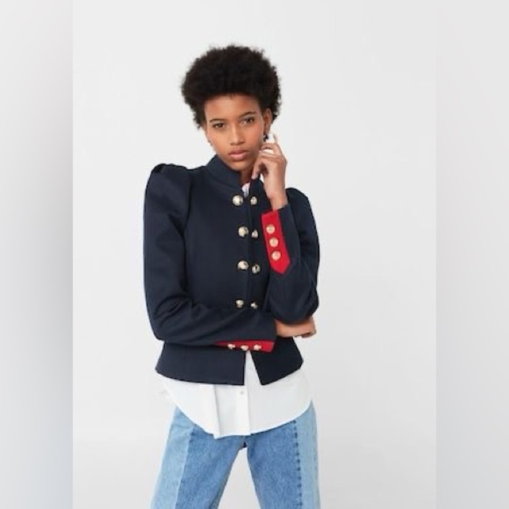 Mango military style navy jacket with red sleeve trim and gold buttons XS NWT
